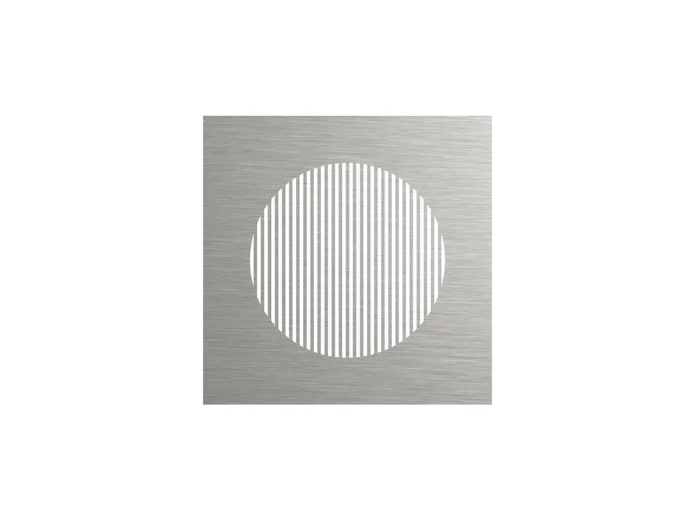Designgitter aus Edelstahl mit einer kreisförmigen Öffnung, die vertikale Streifen zeigt. Hergestellt von Fränkische, geeignet für verschiedene Anwendungen.